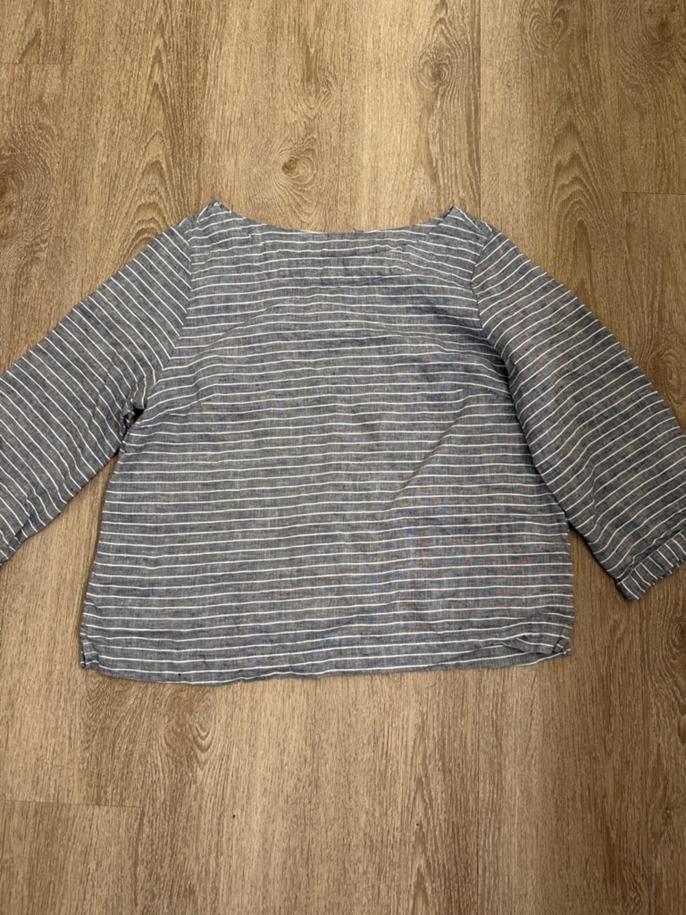 Tahari Gray and White Striped linen Boatneck Blouse